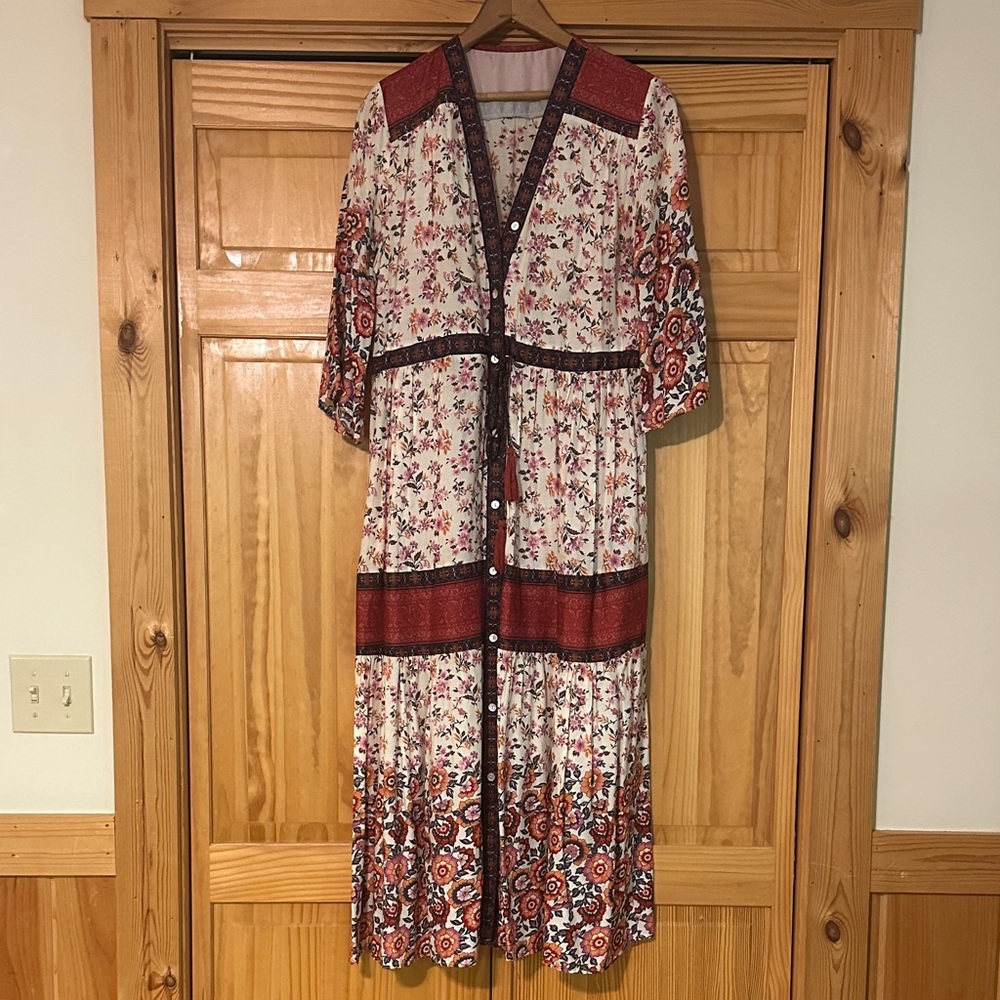 Boho Floral Button-Front Maxi Dress in Cream and Rust